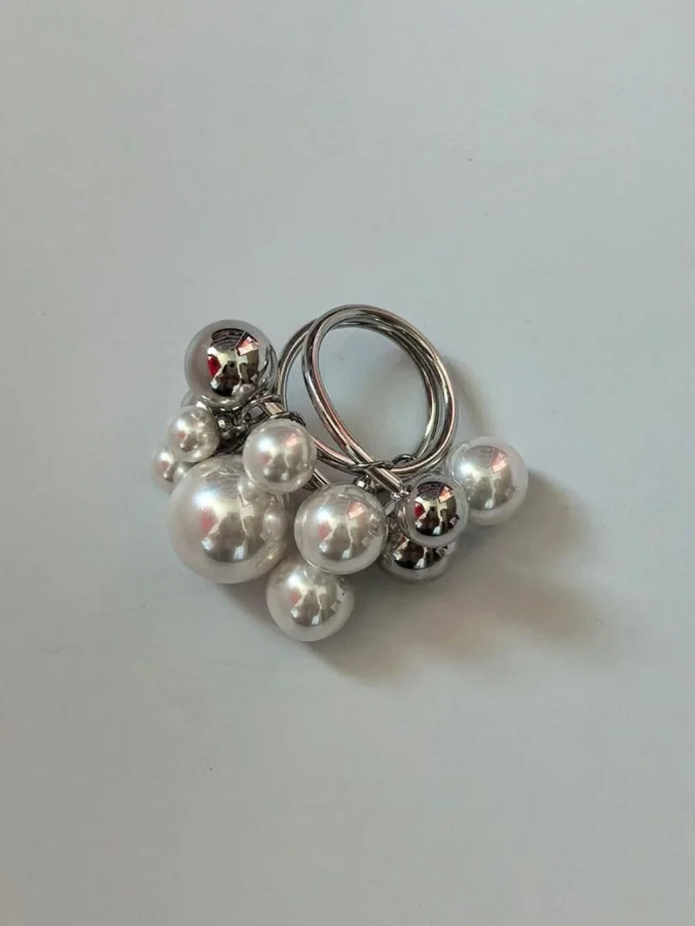 Pearl Cluster Statement Ring Adjustable Silver Tone Bubble Bead
